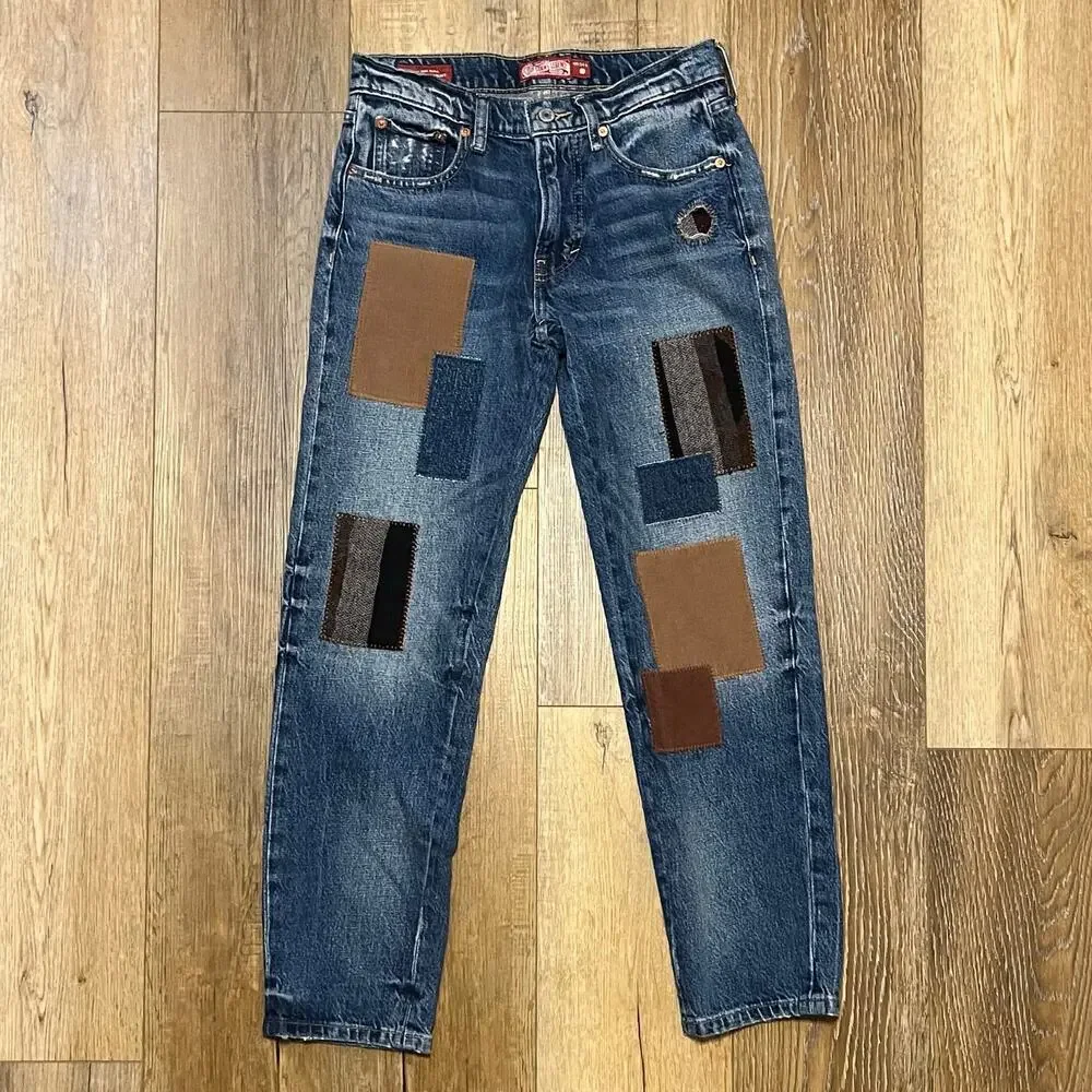 Lucky Brand Lucky Legend Womens Boy Mid Rise Jeans Straight 24R Patchwork Boho - Picture 4 of 11